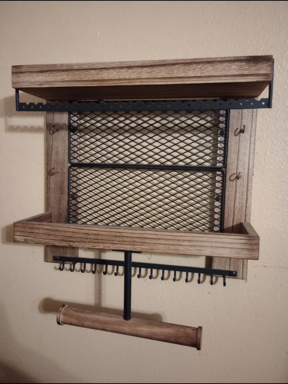 Rustic Wall Organizer with Wood Shelf and Metal Hooks - Brown & Black